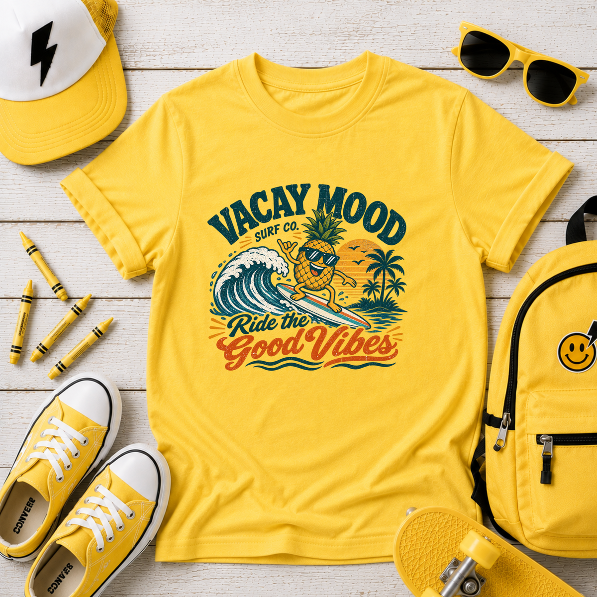Kids Tee "Vacay Mood: Ride the Good Vibes" Surf Pineapple Design