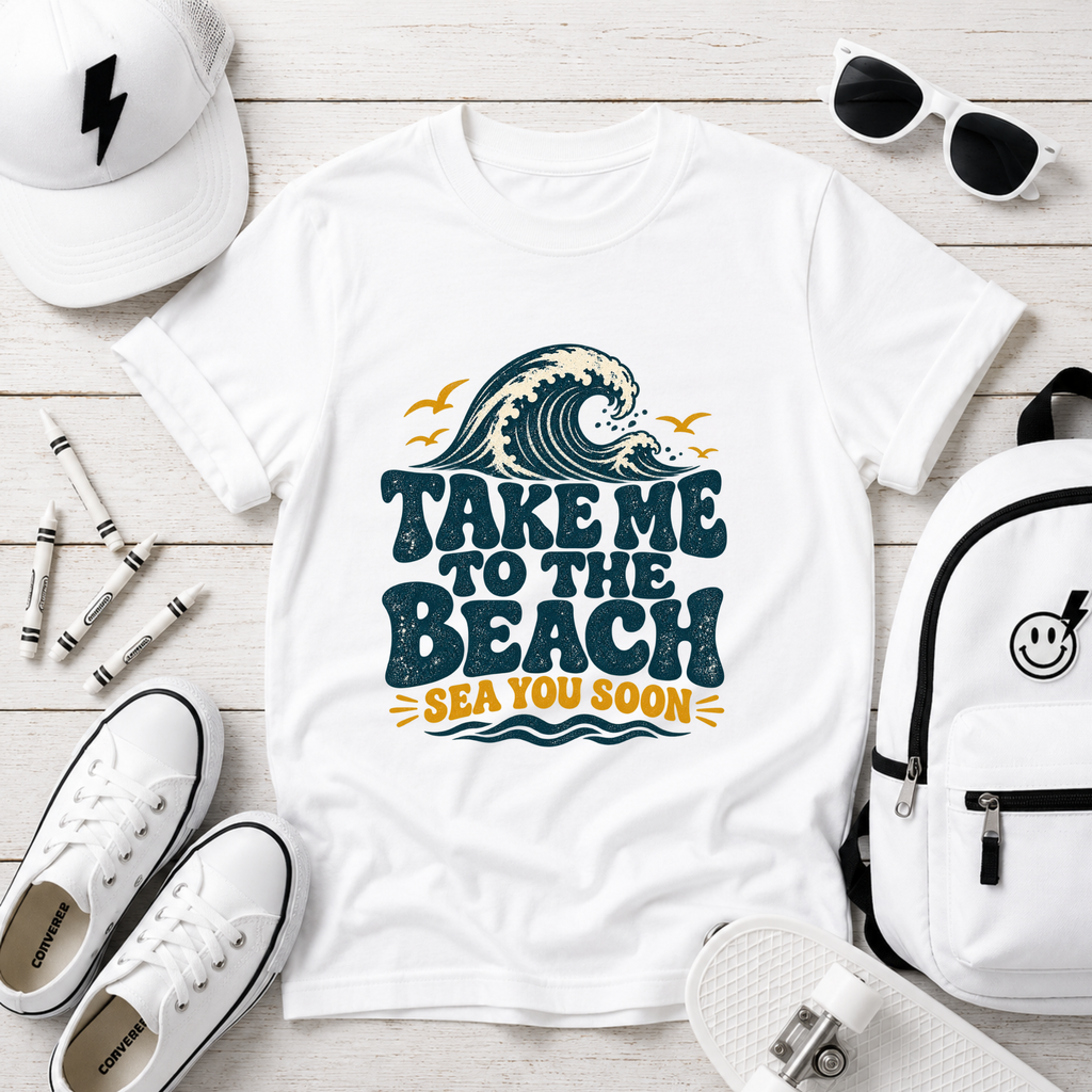 Kids 'Take Me to the Beach' Tee Retro Wave & Sea You Soon Graphic Shirt