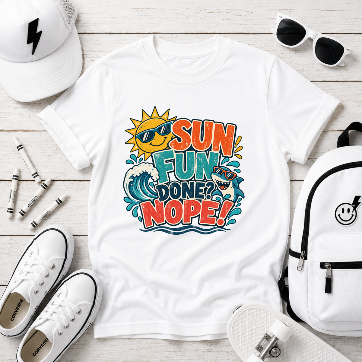 Kids T‑Shirt "Sun, Fun, Gone? Nope!" Retro Surf Graphic Tee