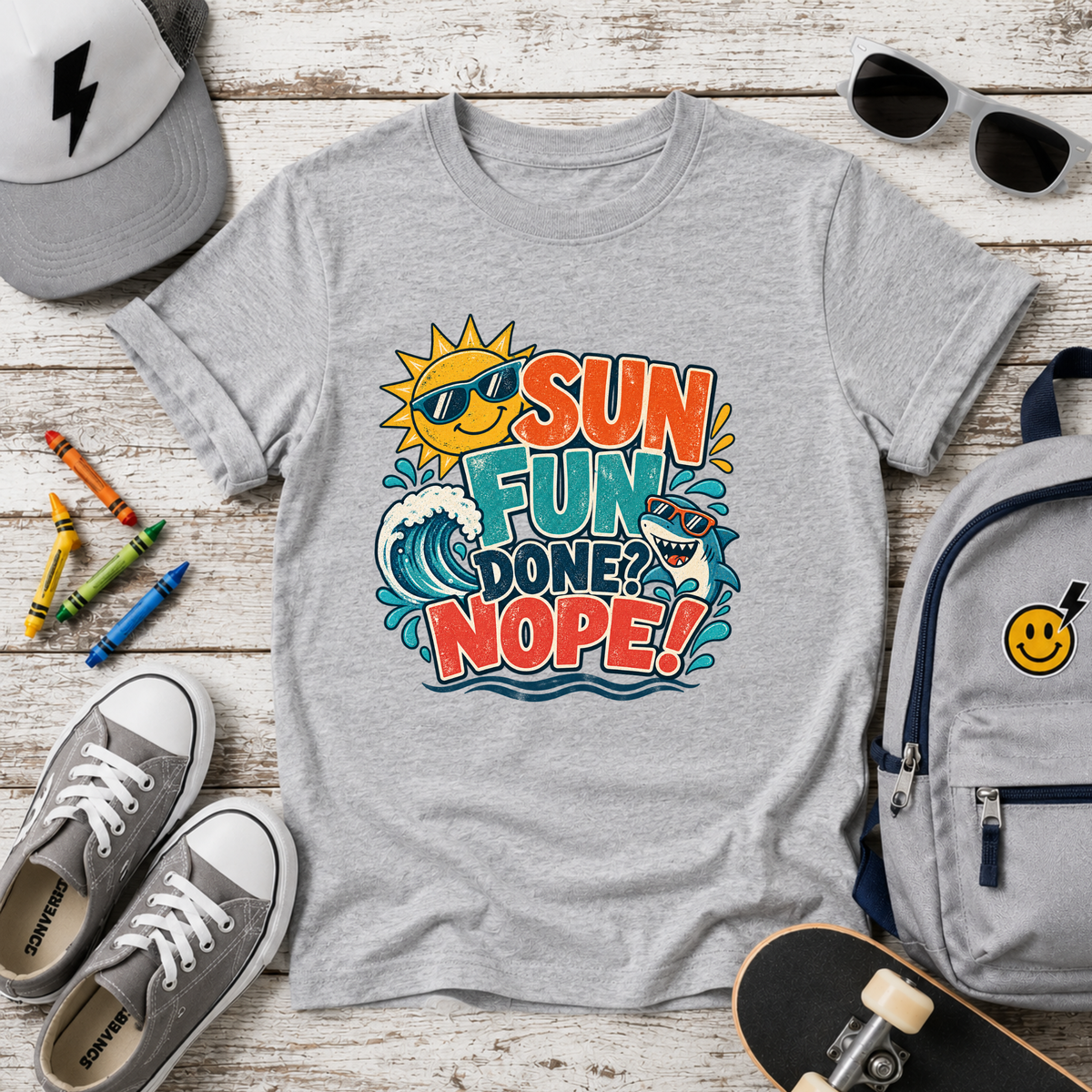 Kids T‑Shirt "Sun, Fun, Gone? Nope!" Retro Surf Graphic Tee