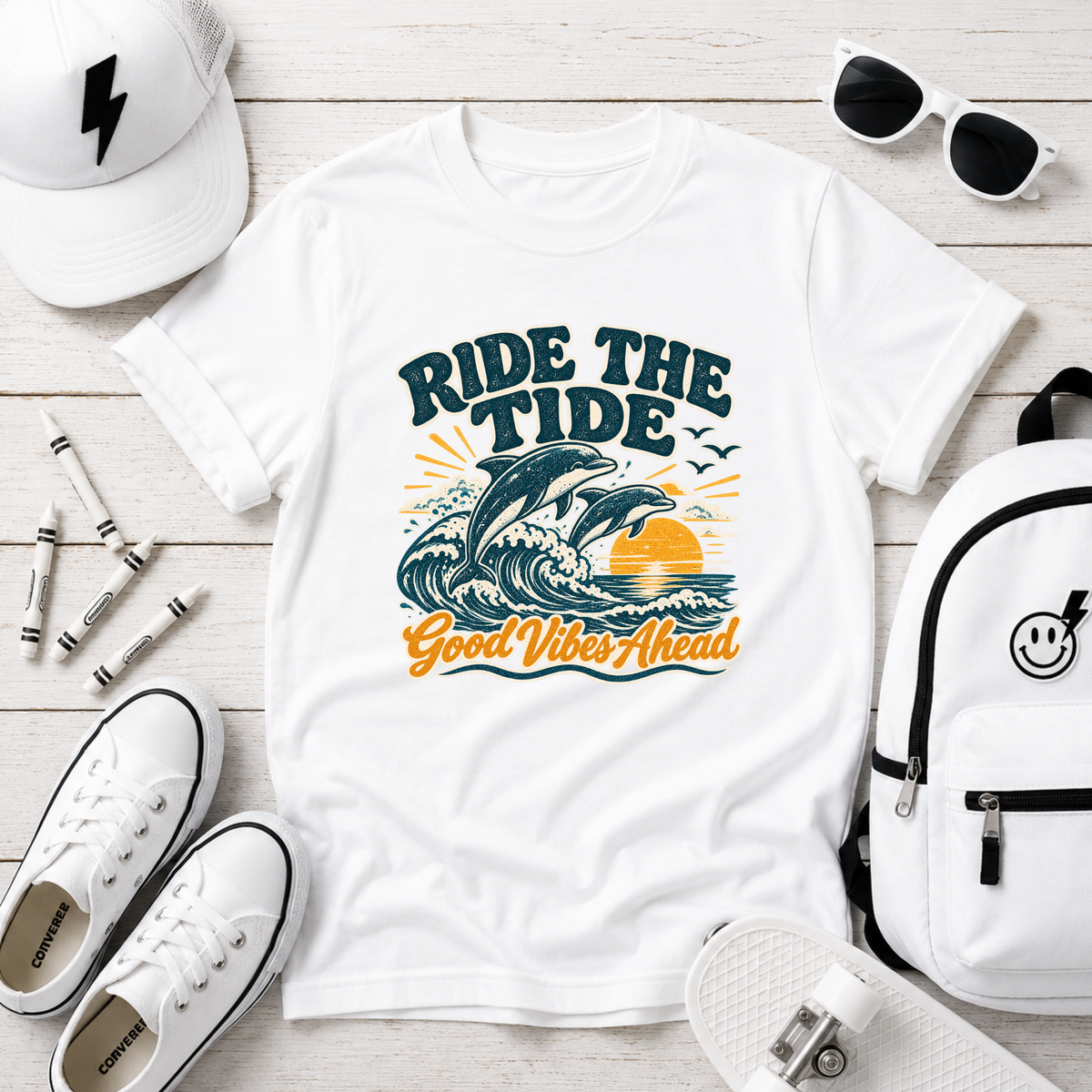 Kids Tee "Ride the Tide" Dolphin Surf Boys & Girls Graphic T-Shirt