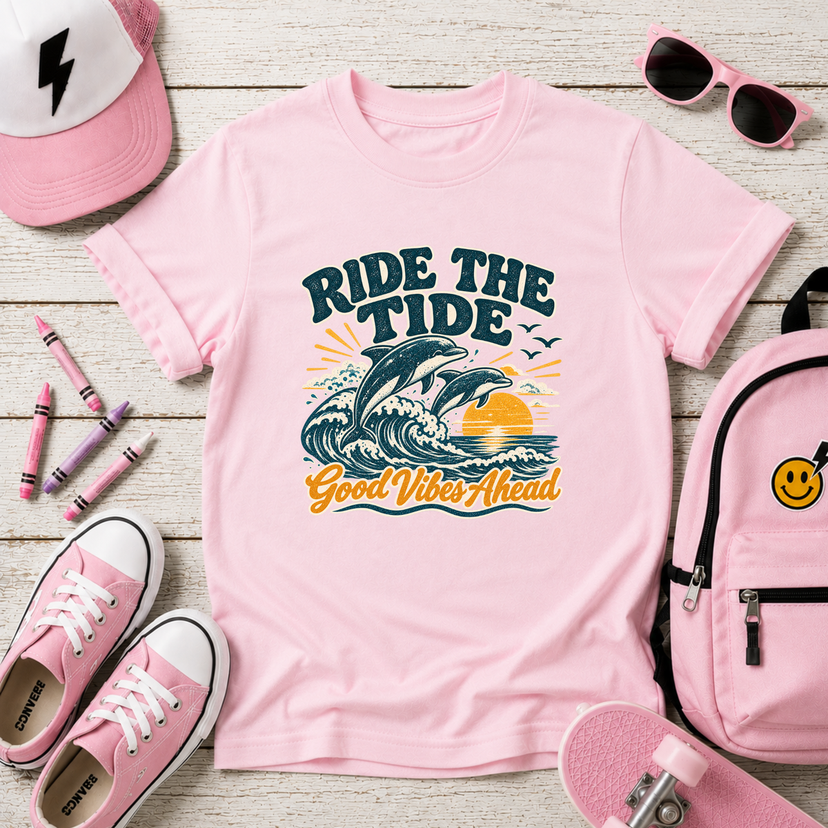 Kids Tee "Ride the Tide" Dolphin Surf Boys & Girls Graphic T-Shirt