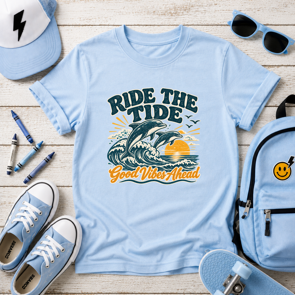 Kids Tee "Ride the Tide" Dolphin Surf Boys & Girls Graphic T-Shirt