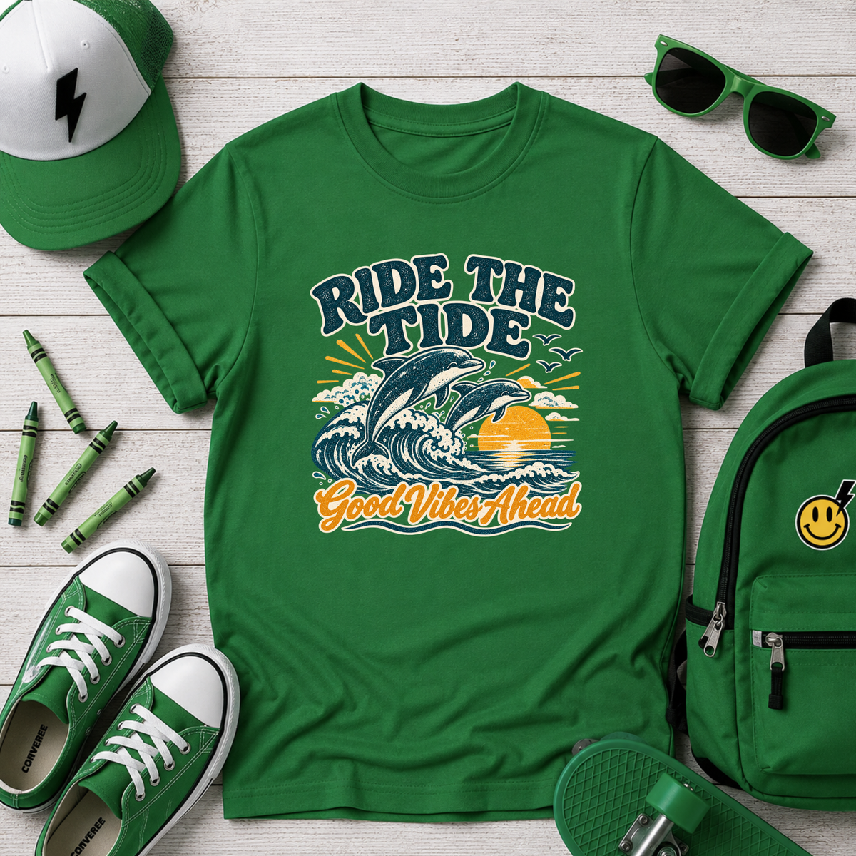 Kids Tee "Ride the Tide" Dolphin Surf Boys & Girls Graphic T-Shirt