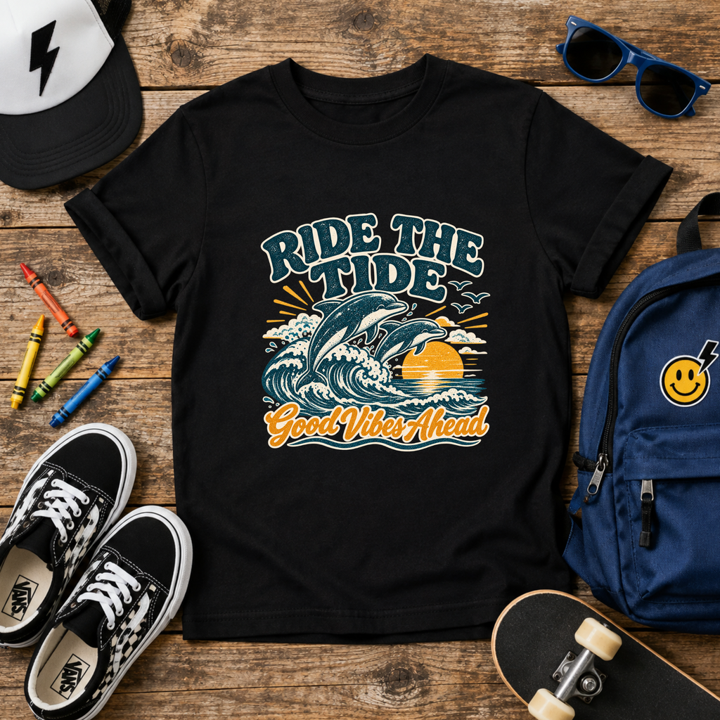 Kids Tee "Ride the Tide" Dolphin Surf Boys & Girls Graphic T-Shirt