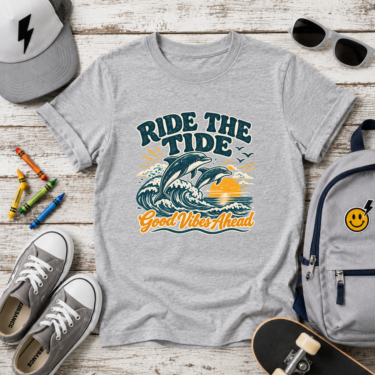 Kids Tee "Ride the Tide" Dolphin Surf Boys & Girls Graphic T-Shirt