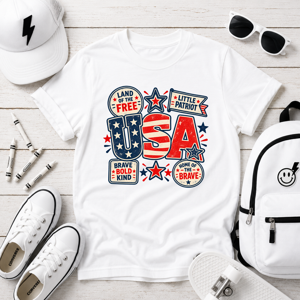 Kids USA Patriotic T-Shirt "Land of the Free" Red White Blue Tee for Boys & Girls