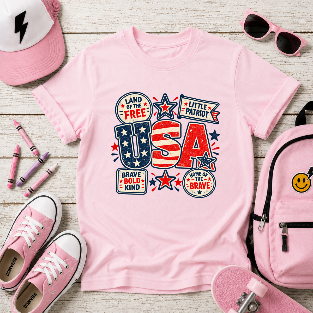 Kids USA Patriotic T-Shirt "Land of the Free" Red White Blue Tee for Boys & Girls
