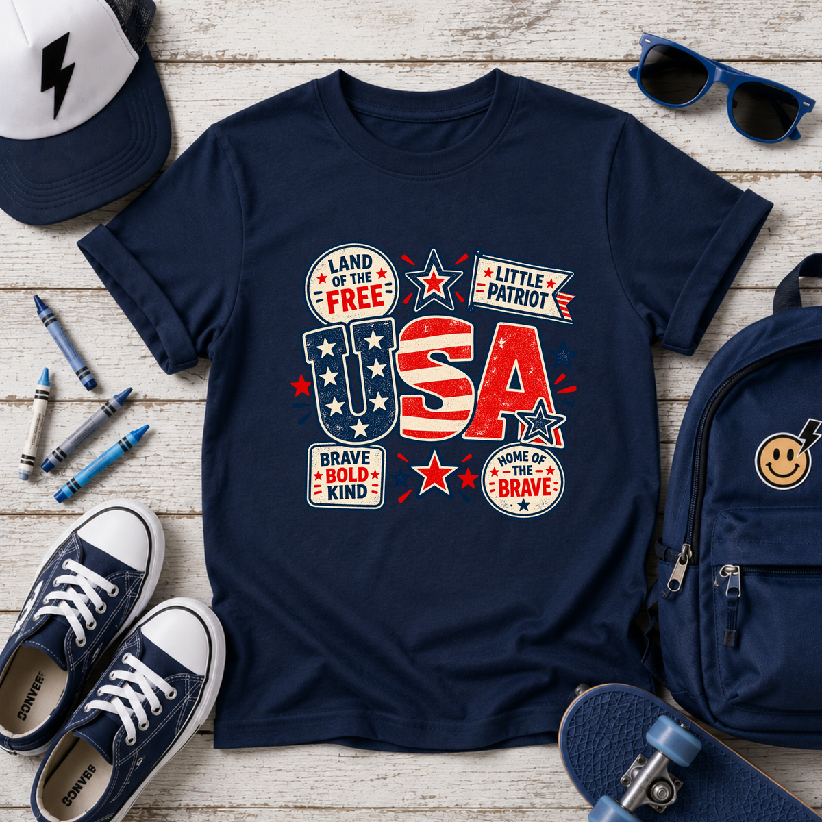 Kids USA Patriotic T-Shirt "Land of the Free" Red White Blue Tee for Boys & Girls