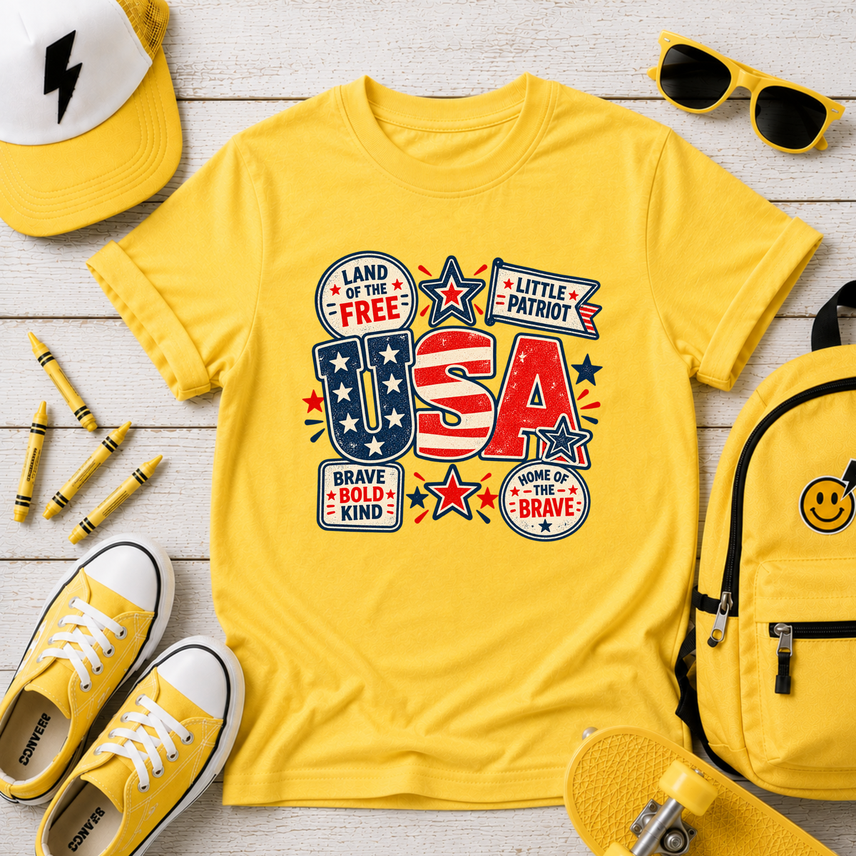 Kids USA Patriotic T-Shirt "Land of the Free" Red White Blue Tee for Boys & Girls
