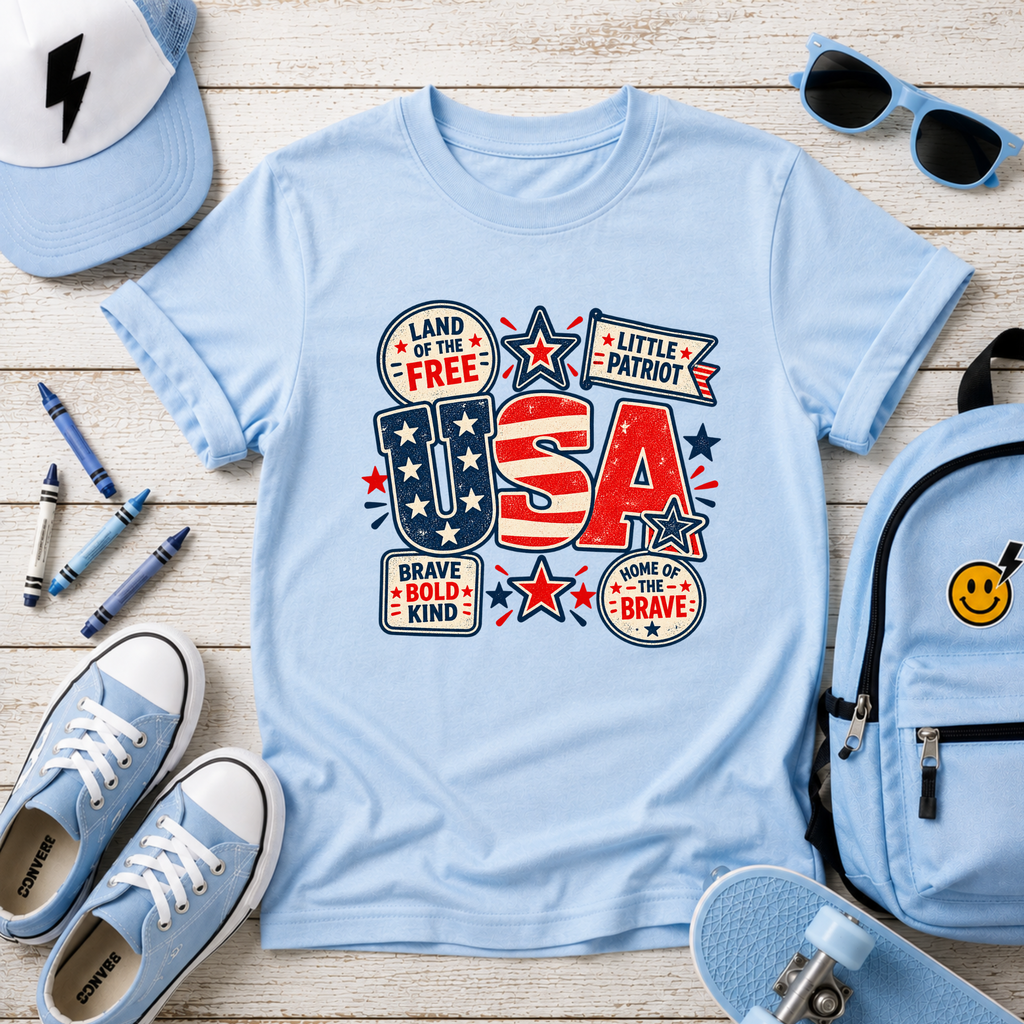 Kids USA Patriotic T-Shirt "Land of the Free" Red White Blue Tee for Boys & Girls