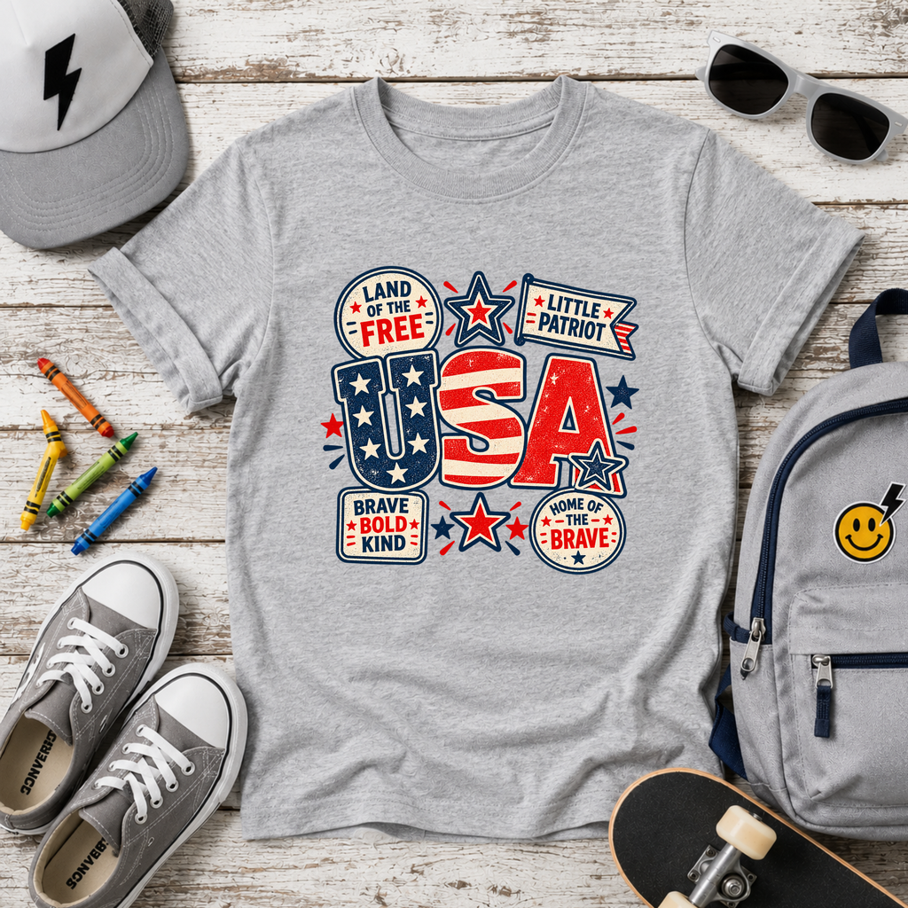 Kids USA Patriotic T-Shirt "Land of the Free" Red White Blue Tee for Boys & Girls