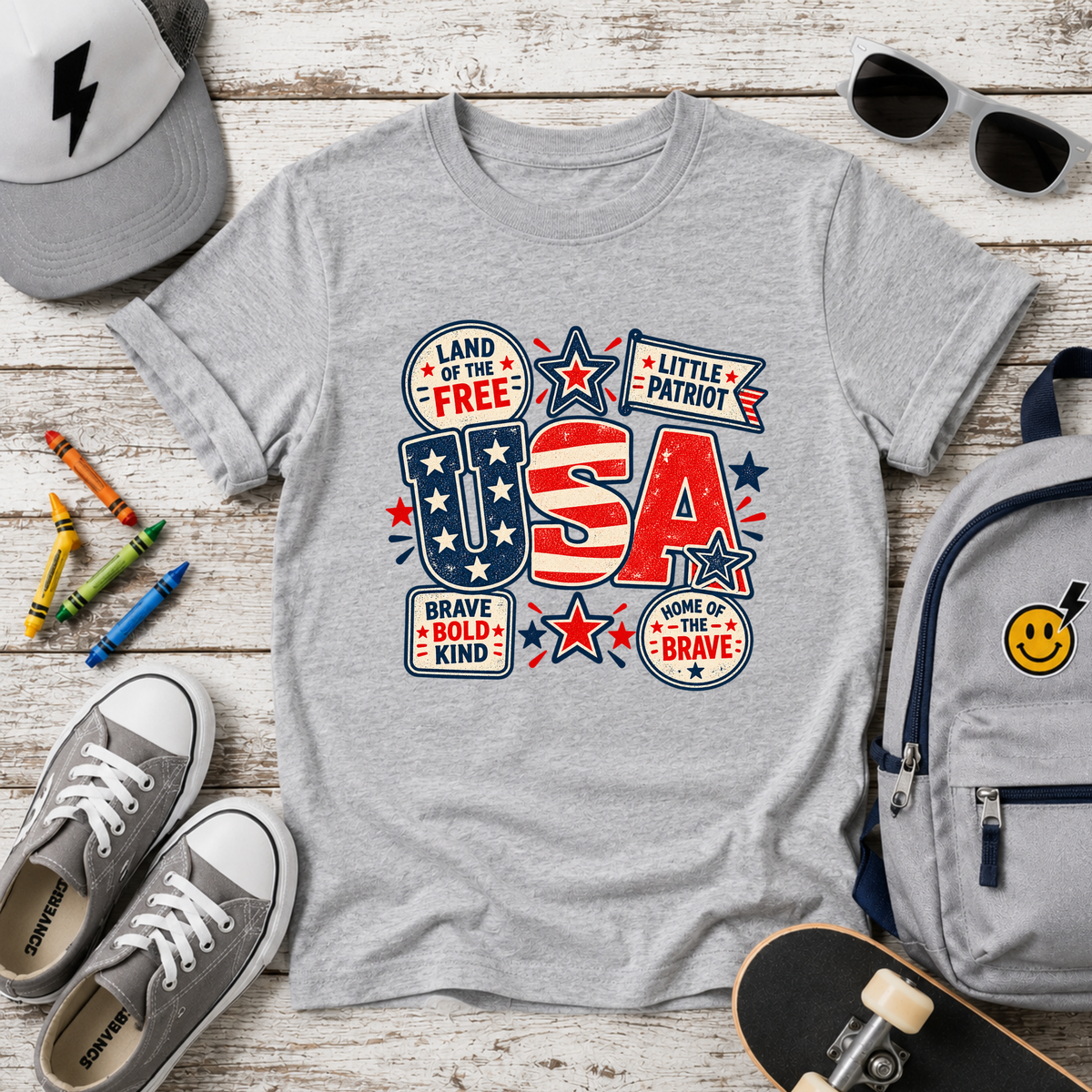 Kids USA Patriotic T-Shirt "Land of the Free" Red White Blue Tee for Boys & Girls