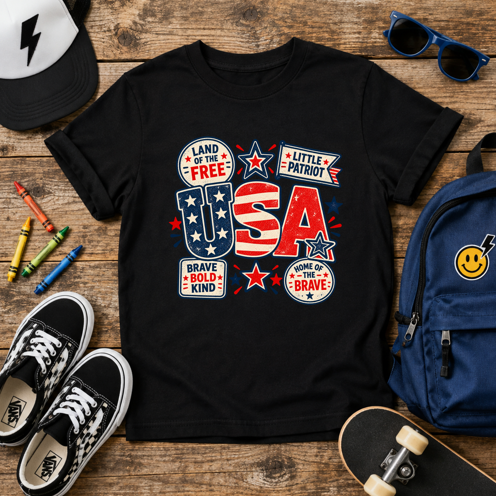 Kids USA Patriotic T-Shirt "Land of the Free" Red White Blue Tee for Boys & Girls