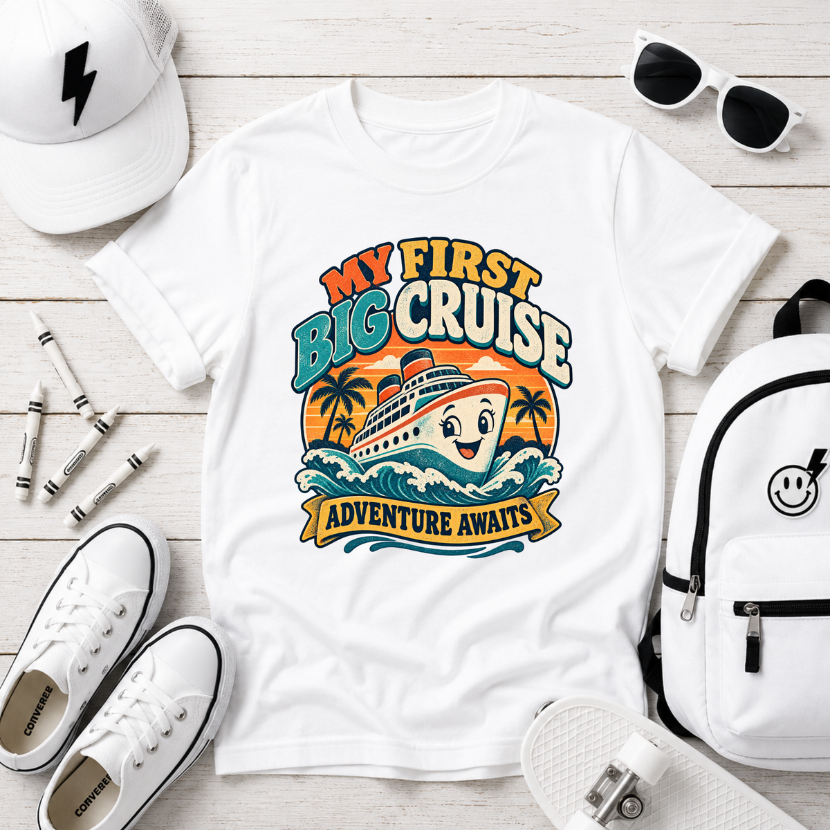 Kids Tee - "My First Big Cruise" Retro Boat Vacation Shirt