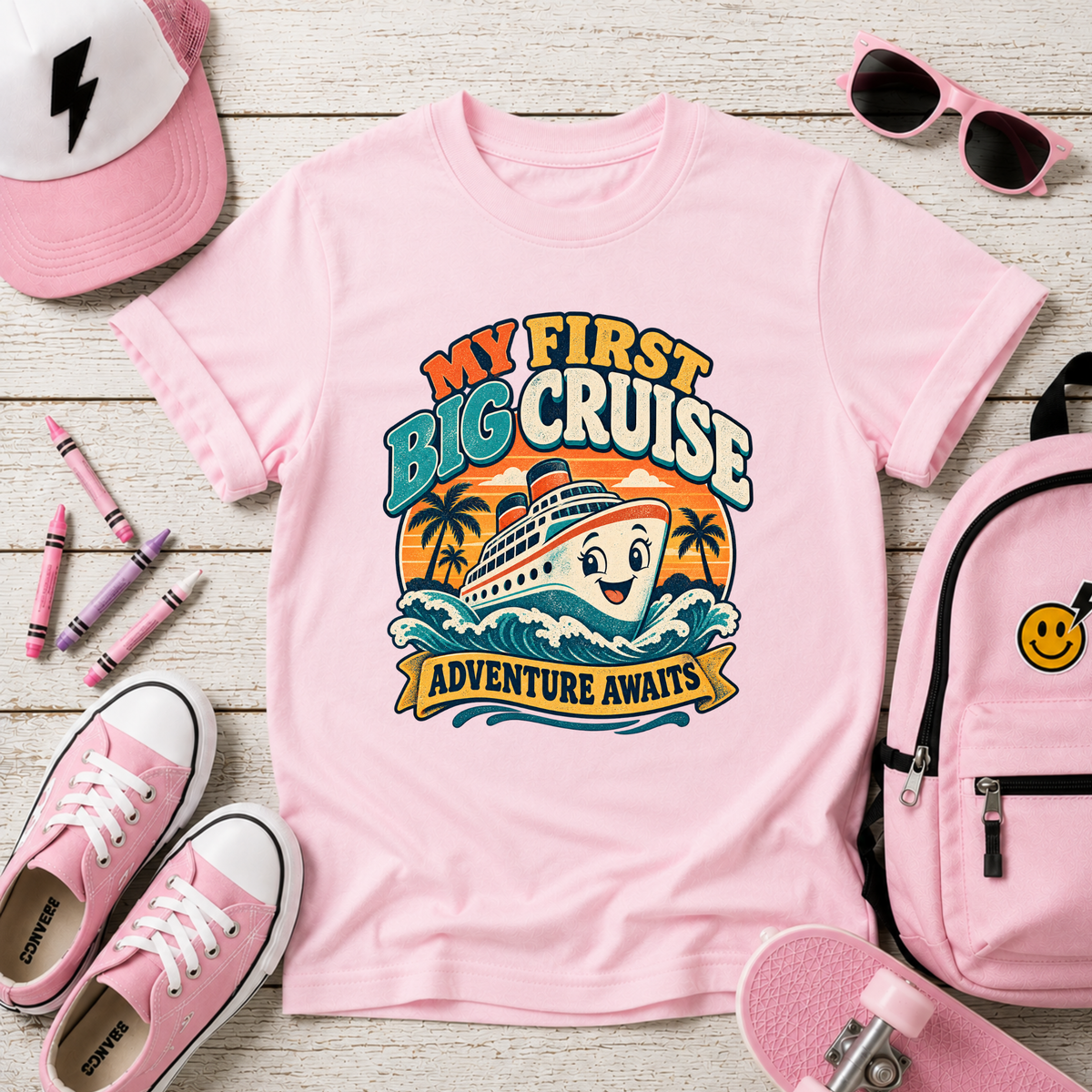 Kids Tee - "My First Big Cruise" Retro Boat Vacation Shirt