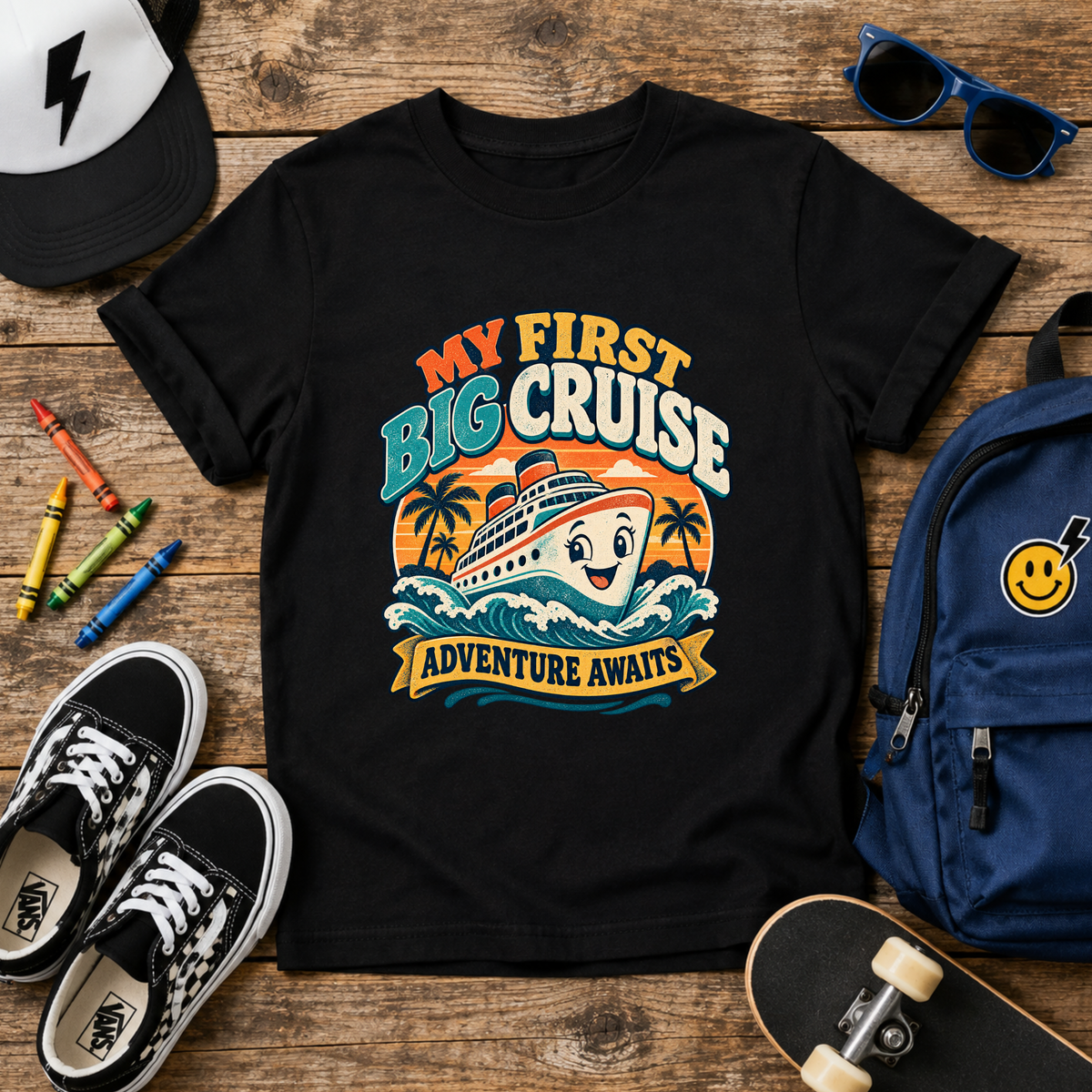 Kids Tee - "My First Big Cruise" Retro Boat Vacation Shirt