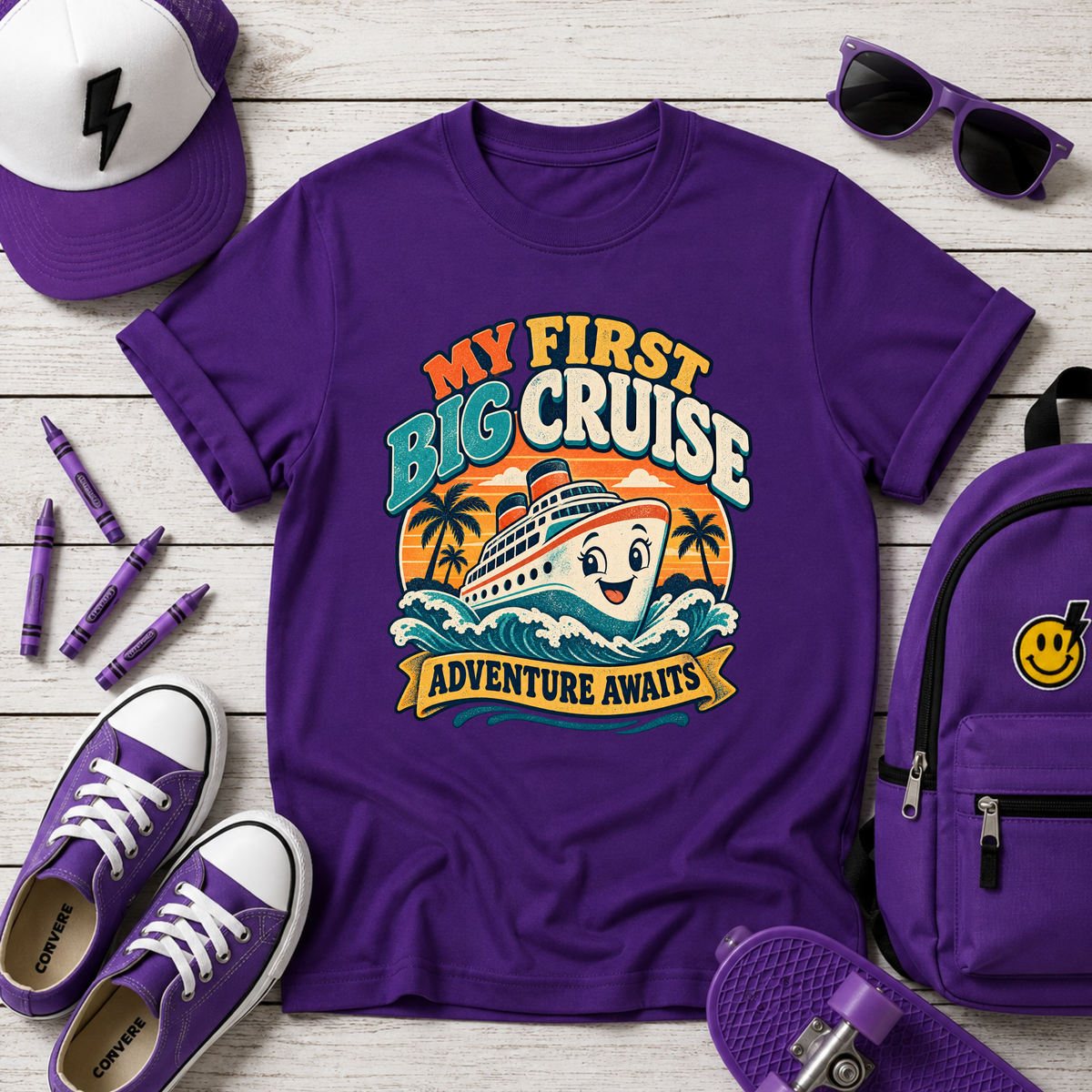 Kids Tee - "My First Big Cruise" Retro Boat Vacation Shirt
