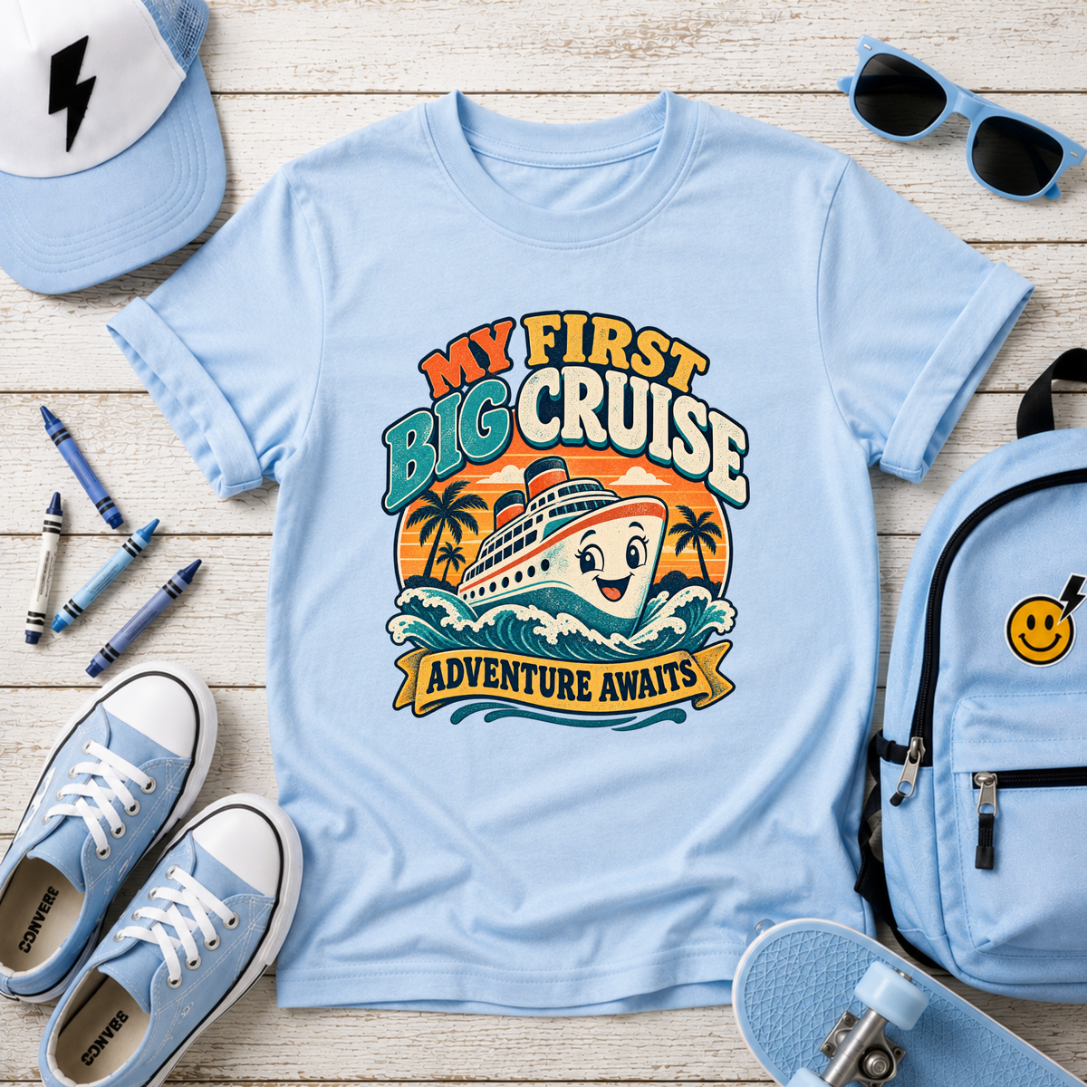Kids Tee - "My First Big Cruise" Retro Boat Vacation Shirt