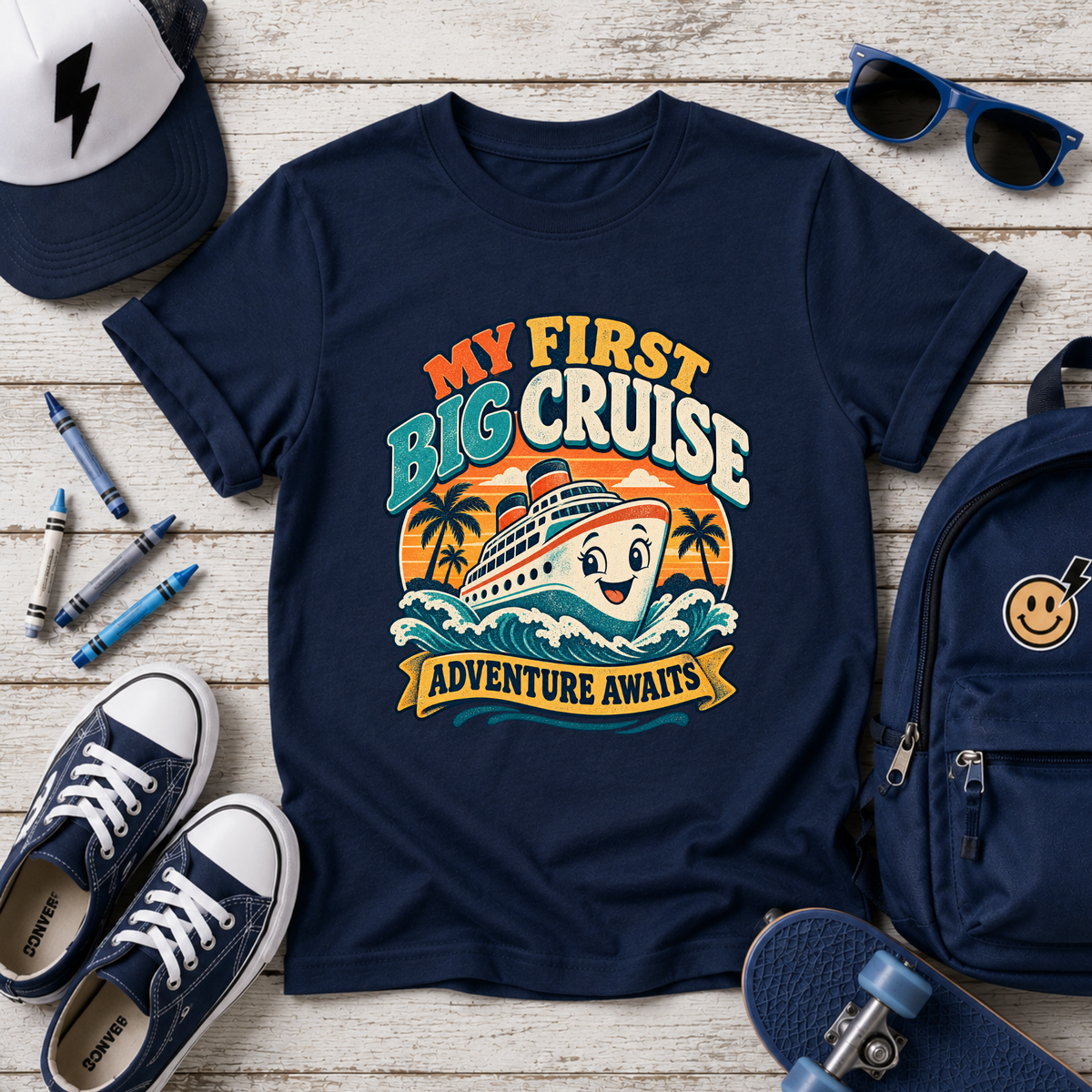 Kids Tee - "My First Big Cruise" Retro Boat Vacation Shirt