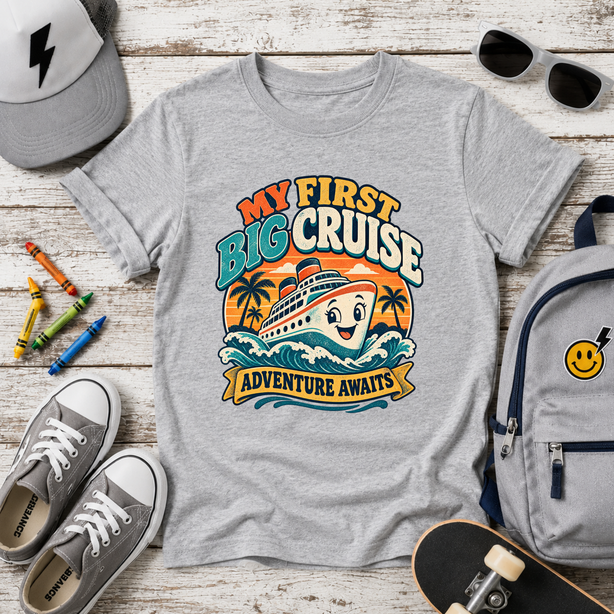 Kids Tee - "My First Big Cruise" Retro Boat Vacation Shirt
