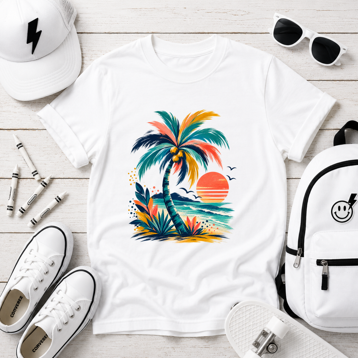 Kids Tee Colorful Tropical Palm Sunset Beach Graphic