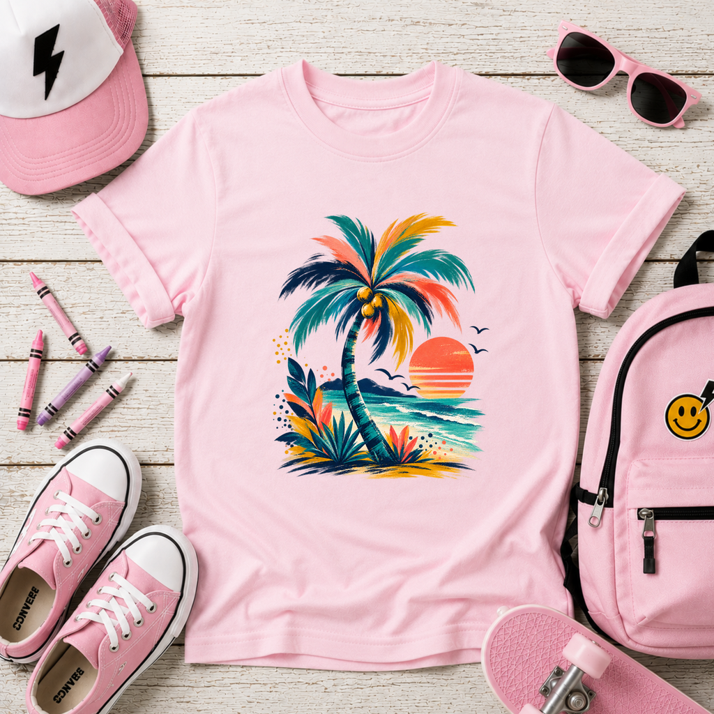 Kids Tee Colorful Tropical Palm Sunset Beach Graphic