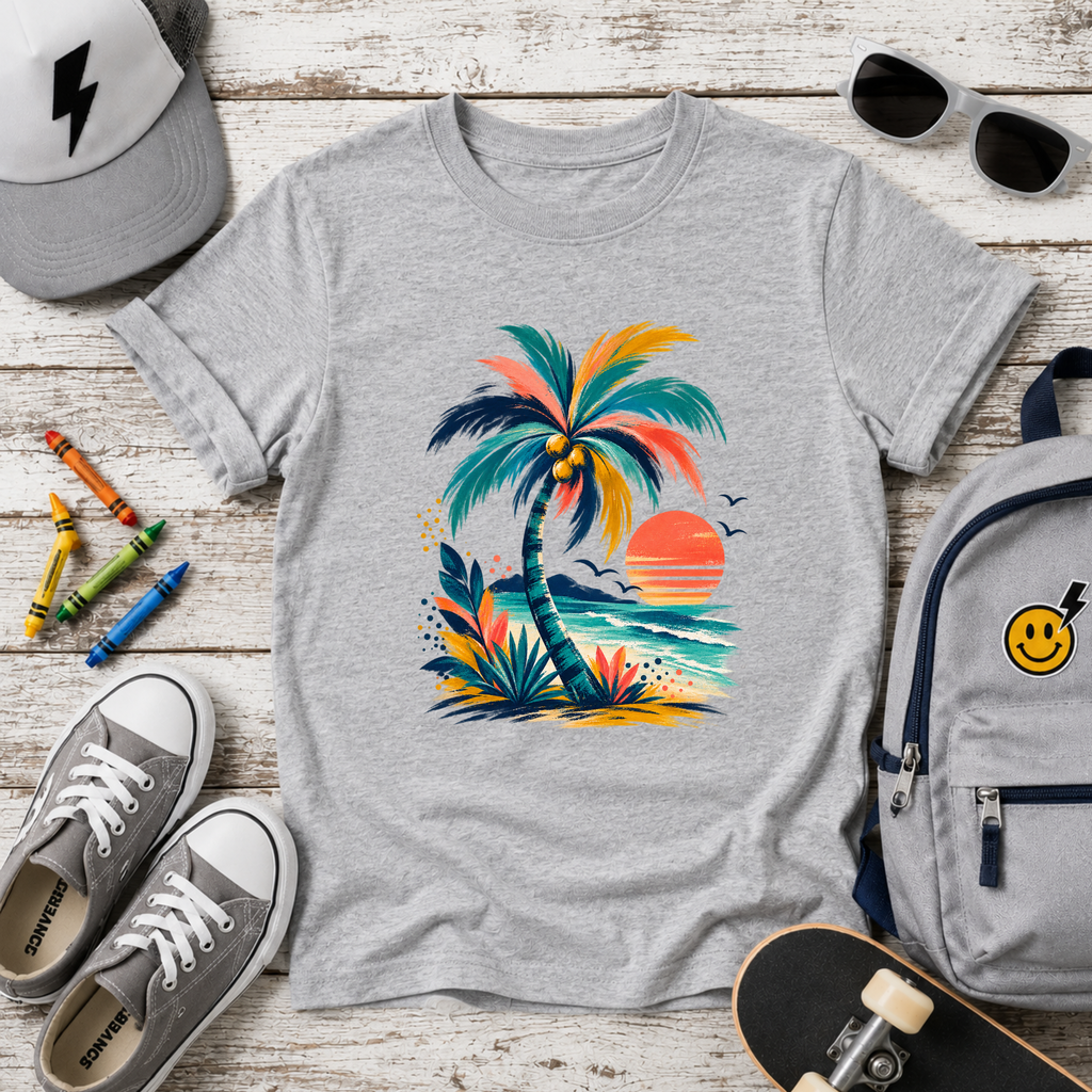 Kids Tee Colorful Tropical Palm Sunset Beach Graphic