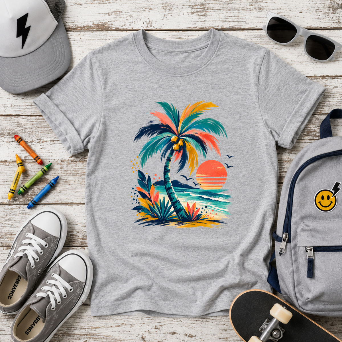 Kids Tee Colorful Tropical Palm Sunset Beach Graphic