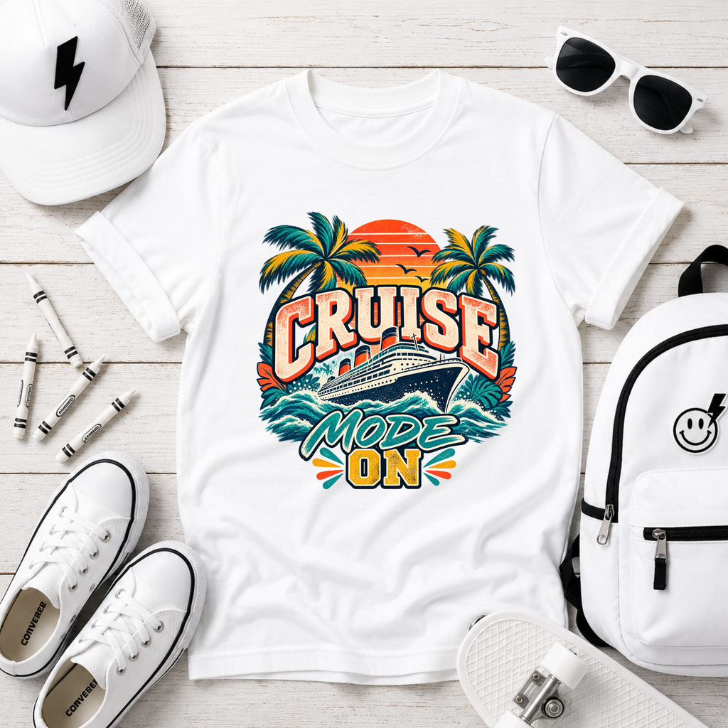 Kids Cruise Mode On Tee - Tropical Palm Tree Sunset Vacation Shirt