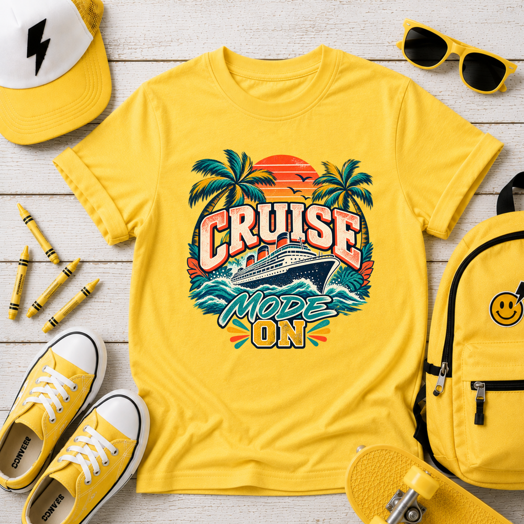 Kids Cruise Mode On Tee - Tropical Palm Tree Sunset Vacation Shirt