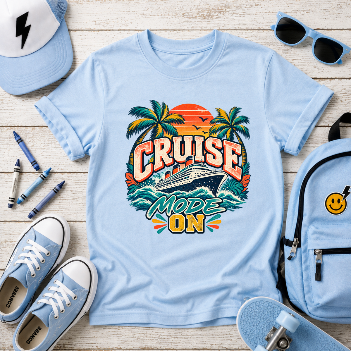 Kids Cruise Mode On Tee - Tropical Palm Tree Sunset Vacation Shirt