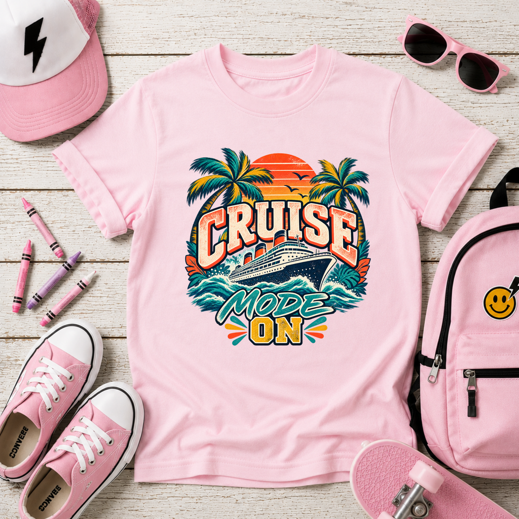 Kids Cruise Mode On Tee - Tropical Palm Tree Sunset Vacation Shirt