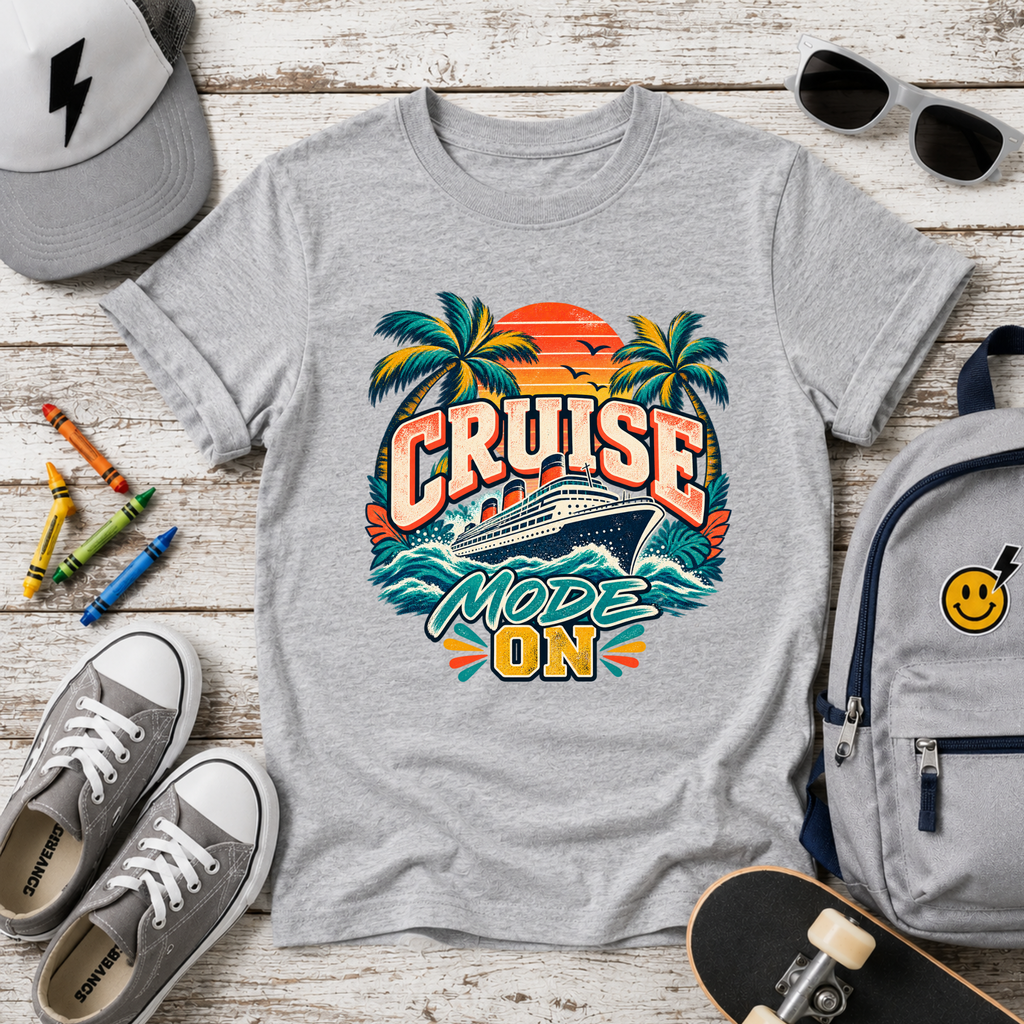 Kids Cruise Mode On Tee - Tropical Palm Tree Sunset Vacation Shirt