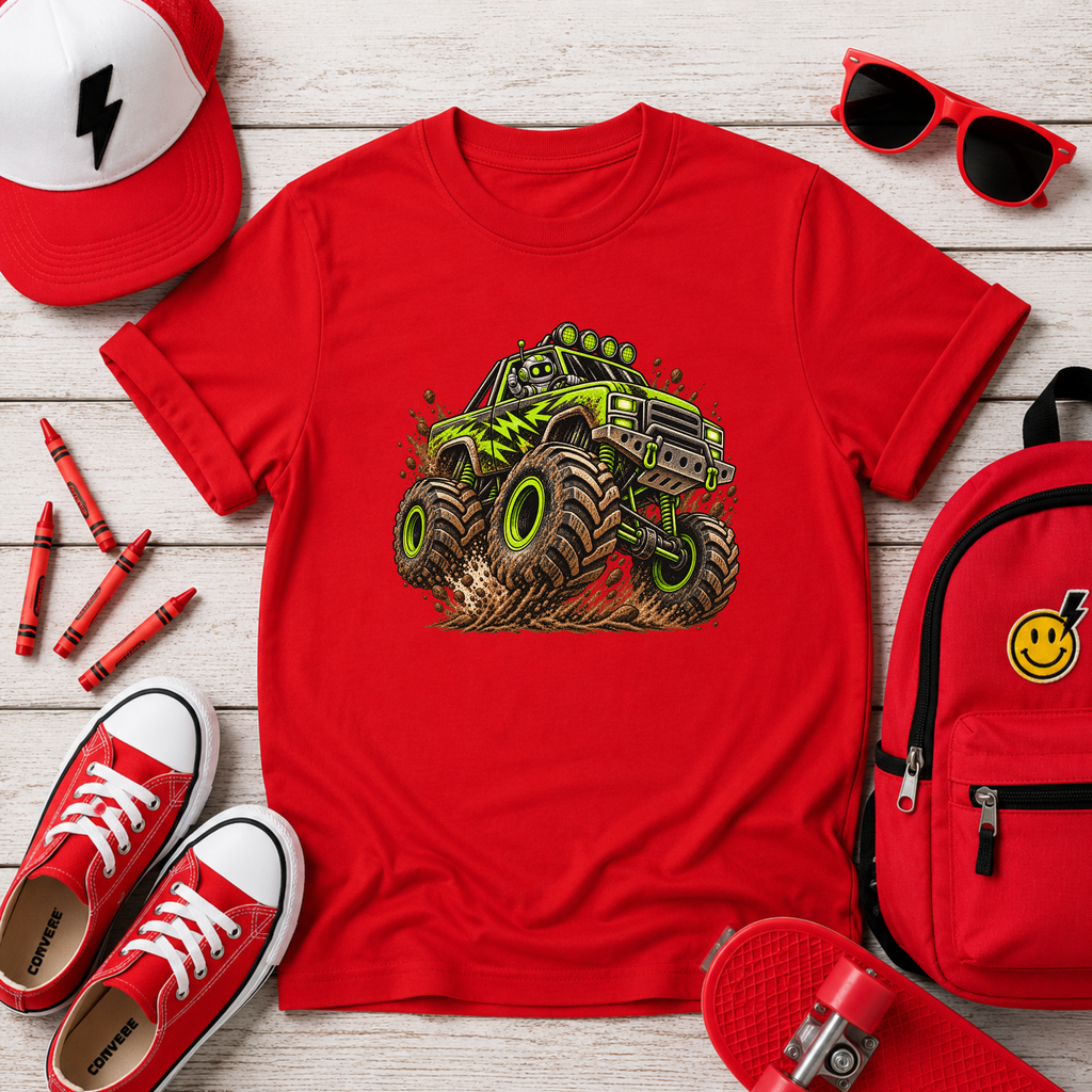 Kids Monster Truck T-Shirt Green Mud Racing Tee for Boys