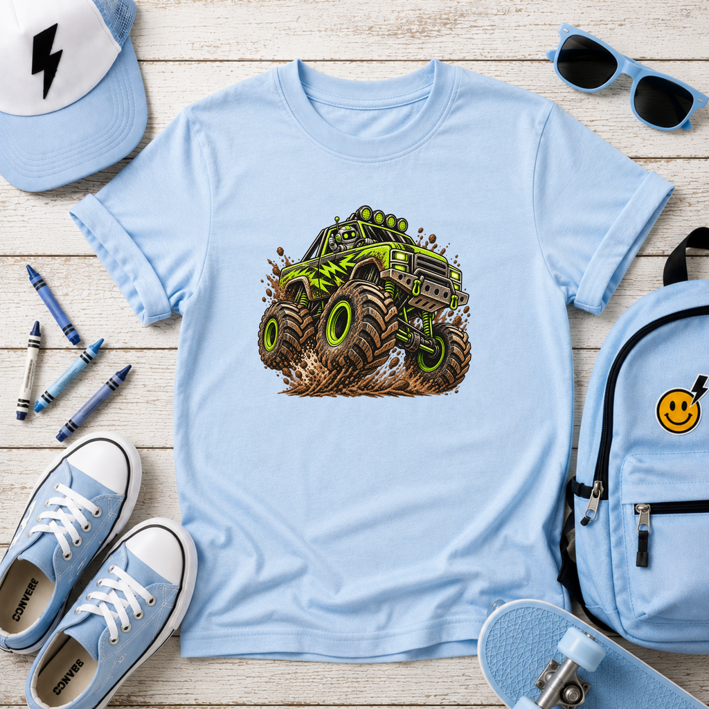 Kids Monster Truck T-Shirt Green Mud Racing Tee for Boys
