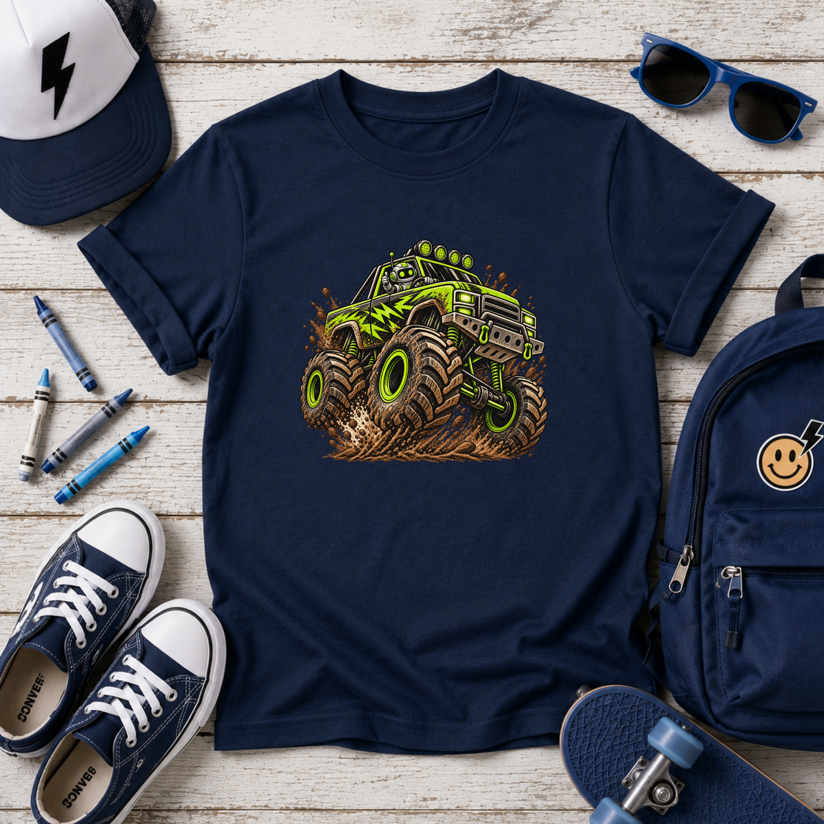 Kids Monster Truck T-Shirt Green Mud Racing Tee for Boys
