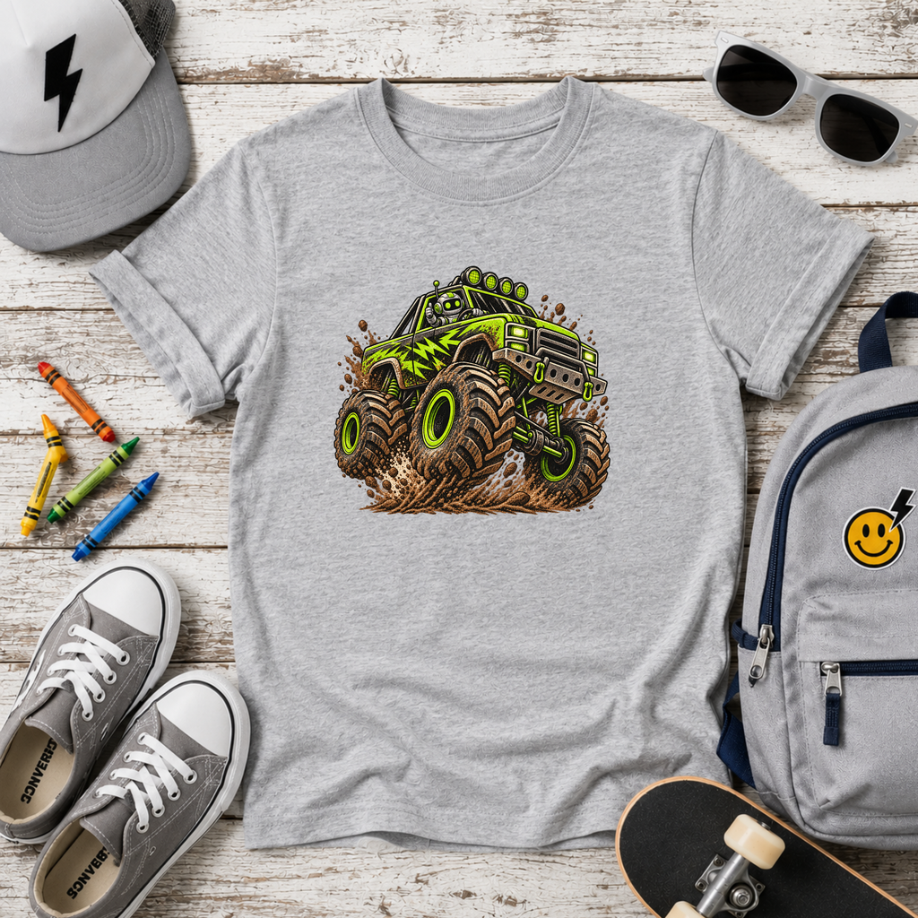 Kids Monster Truck T-Shirt Green Mud Racing Tee for Boys