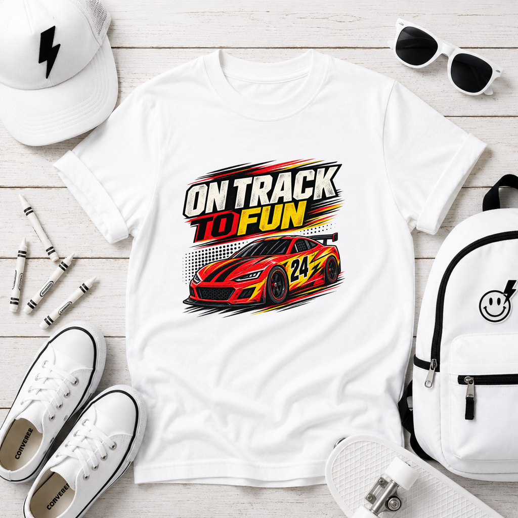 Kids Racing Tee "On Track to Fun" Sports Car Graphic