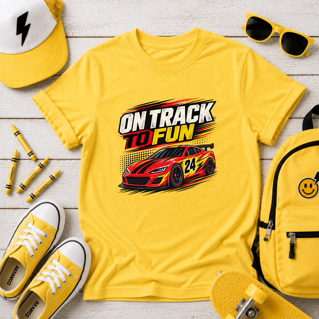Kids Racing Tee "On Track to Fun" Sports Car Graphic
