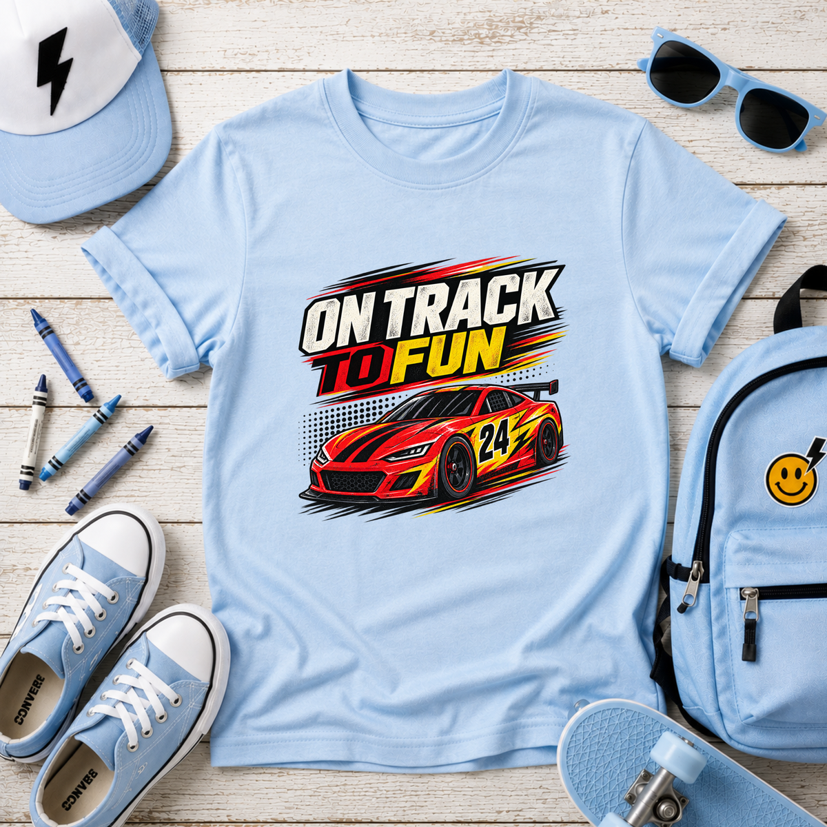 Kids Racing Tee "On Track to Fun" Sports Car Graphic
