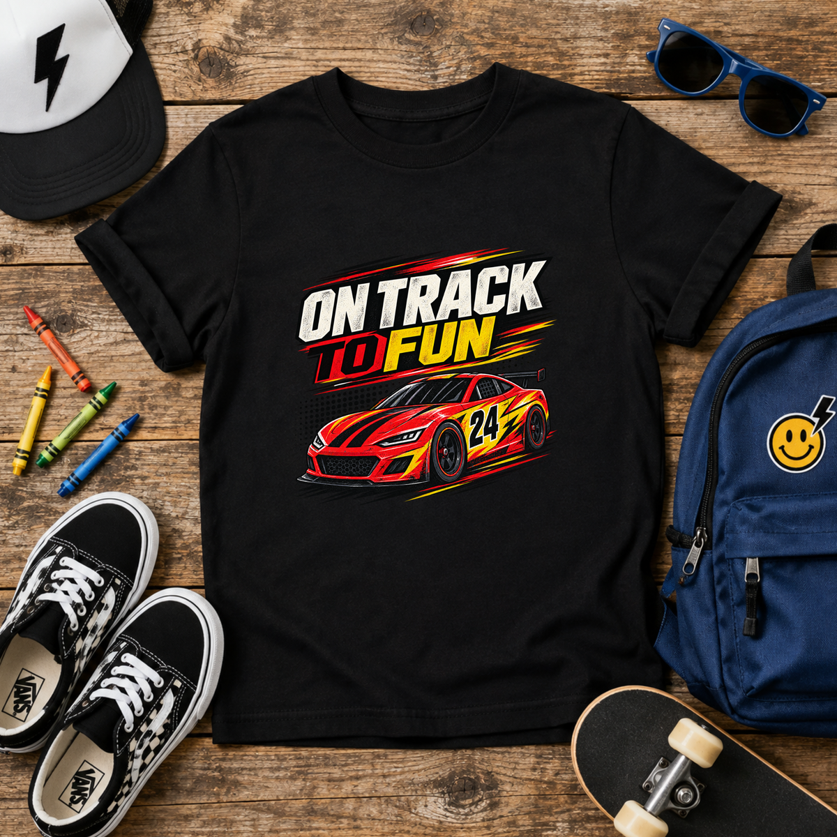 Kids Racing Tee "On Track to Fun" Sports Car Graphic