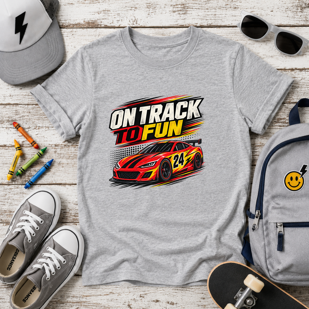 Kids Racing Tee "On Track to Fun" Sports Car Graphic
