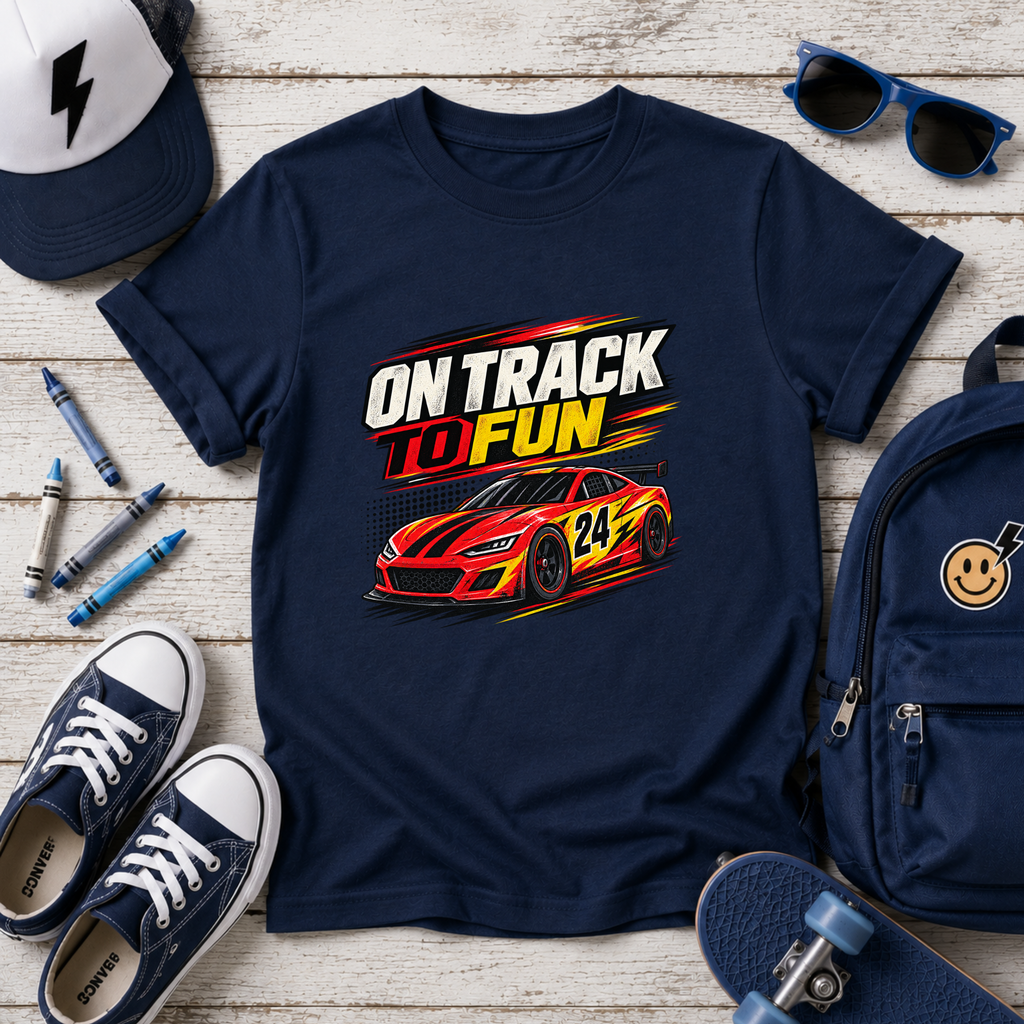 Kids Racing Tee "On Track to Fun" Sports Car Graphic