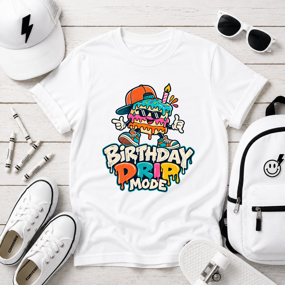 Kids Birthday Tee "Birthday Drip Mode" Colorful Cartoon Cake Shirt