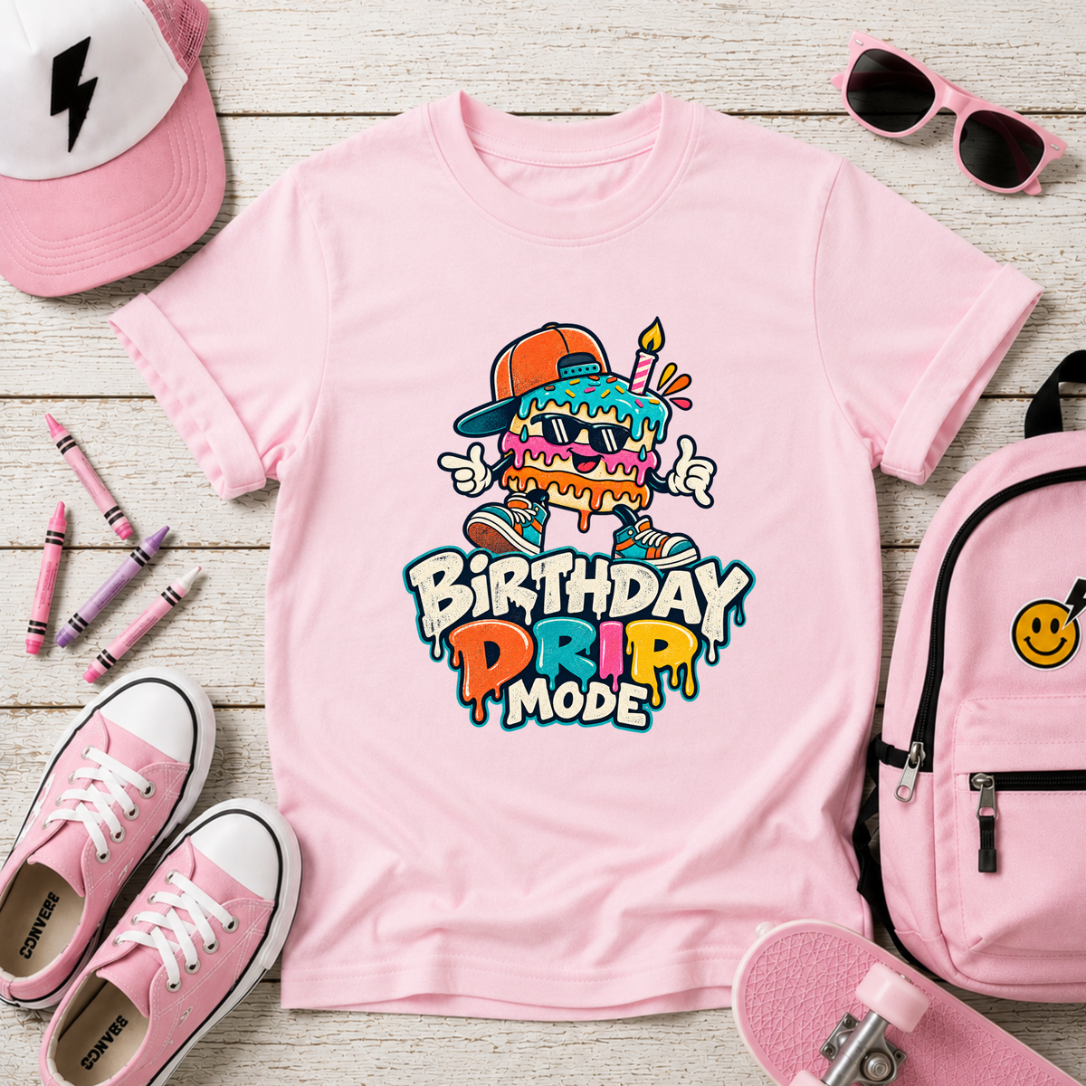 Kids Birthday Tee "Birthday Drip Mode" Colorful Cartoon Cake Shirt