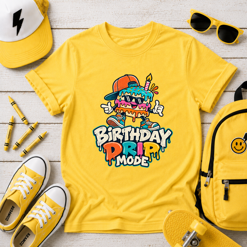 Kids Birthday Tee "Birthday Drip Mode" Colorful Cartoon Cake Shirt