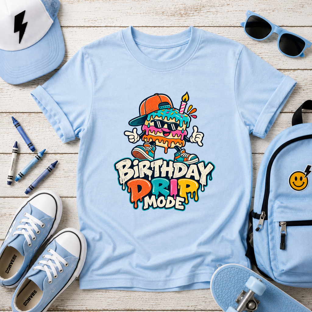 Kids Birthday Tee "Birthday Drip Mode" Colorful Cartoon Cake Shirt