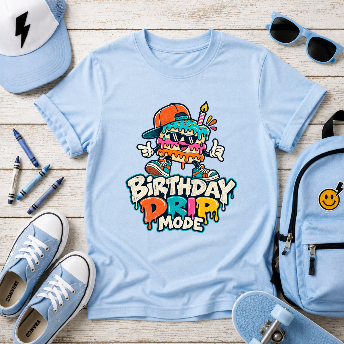 Kids Birthday Tee "Birthday Drip Mode" Colorful Cartoon Cake Shirt