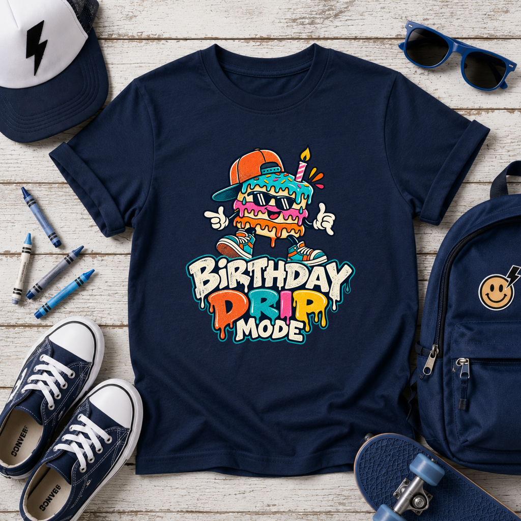 Kids Birthday Tee "Birthday Drip Mode" Colorful Cartoon Cake Shirt